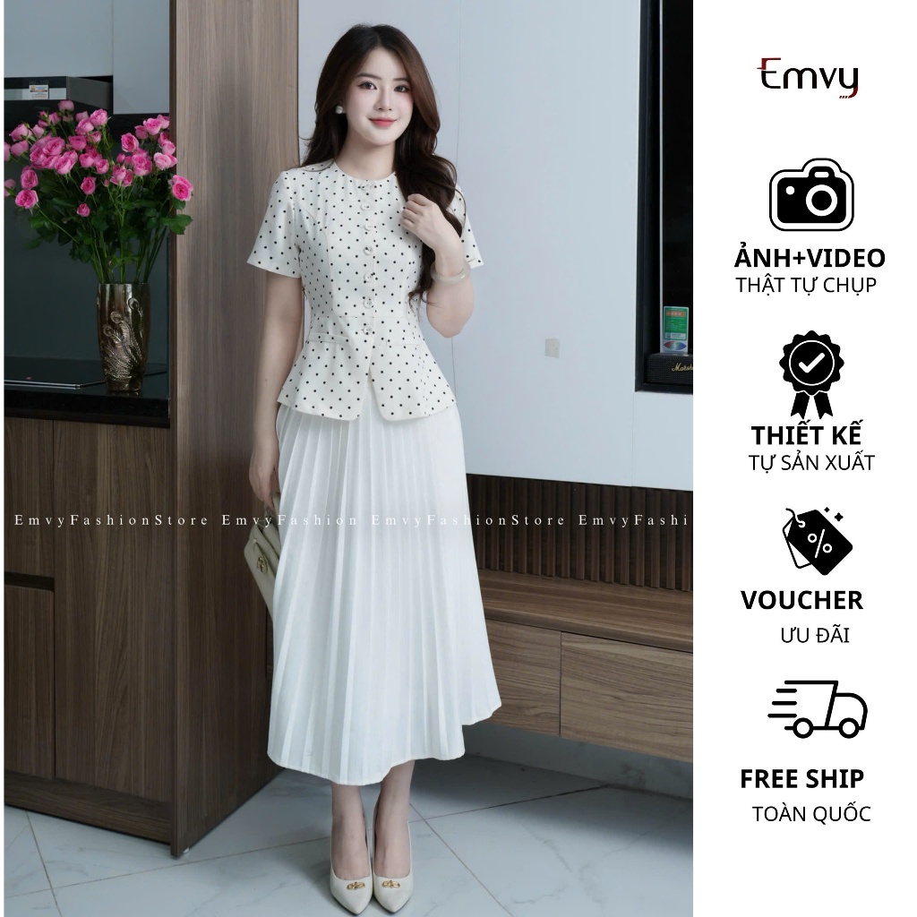 Áo Peplum Công Sở: Họa tiết chấm bi phối khuy bọc, thiết kế che bụng tôn dáng Emvy Fashion - H62