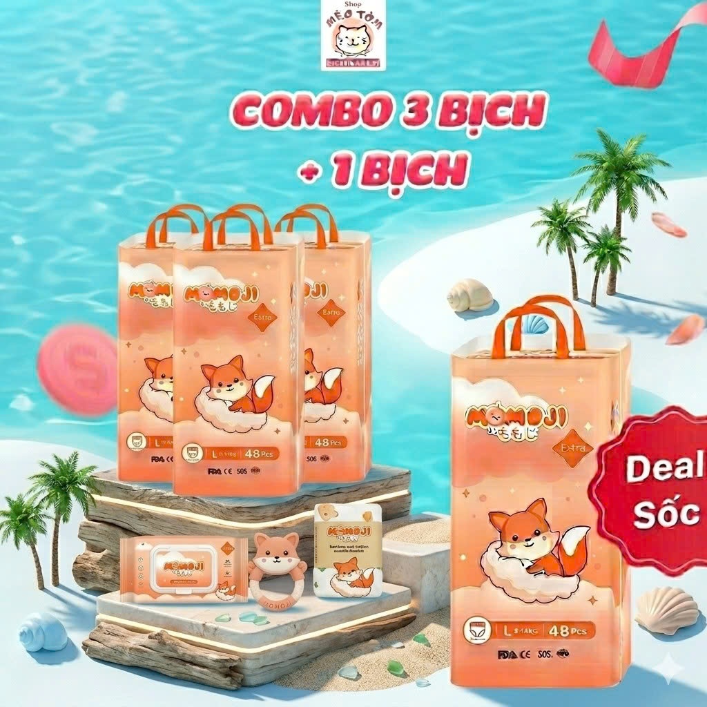 Combo 4 bịch Tã Bỉm momoji extra Soft mềm mỏng thấm hút tốt