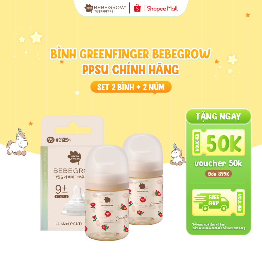 [Combo 2 Bình PPSU + 2 Núm] Bình PPSU Greenfinger Bebegrow cho bé nhựa PPSU an toàn, chịu nhiệt tốt 