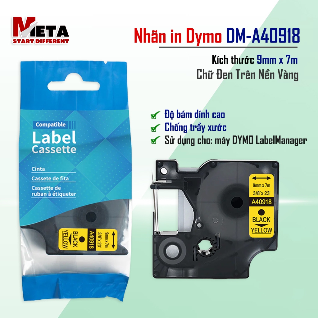 Nhãn D1 DM-A40918 - 9mm I Chữ Đen Nền Vàng I SD cho máy Dymo 160/210D/280/360D/420P/500TS/640-Rhino 