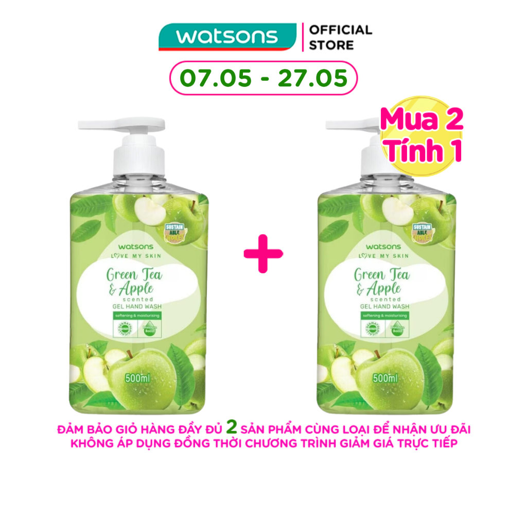 Gel Rửa Tay Watsons Love My Skin Green Tea Apple Scented Gel Hand Wash 500ml
