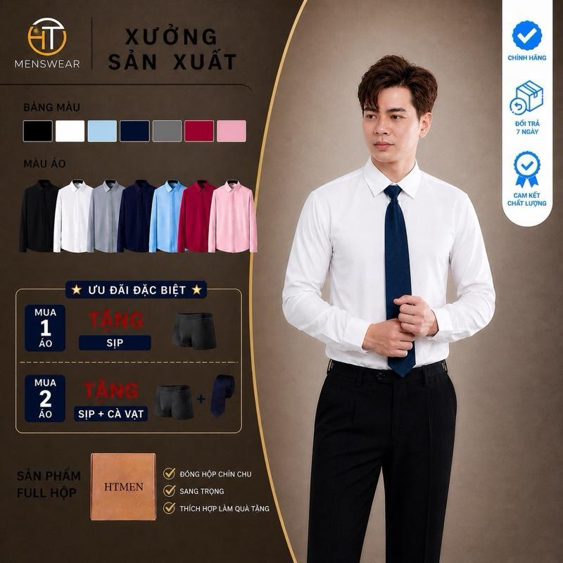 Áo sơ mi lụa dài tay nam Trắng/ Đen/+6 màu full hộp HTmen Menswear Shirt tặng sịp đùi nam