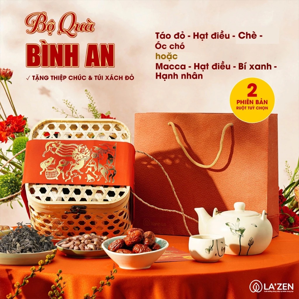 Giỏ quà biếu sang trọng Mây tre đan BÌNH AN - hạt dinh dưỡng (quà tặng kỷ niệm)- La'zen Lazen