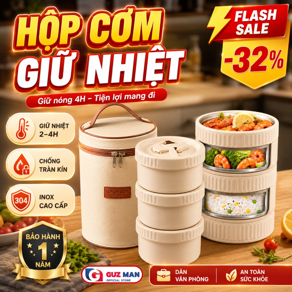 [Tặng Túi+Đũa Thìa] Hộp Đựng Cơm Giữ Nhiệt,Hộp Cơm Văn Phòng Cách Nhiệt 3 Tầng Dùng Được Lò Vi Sóng