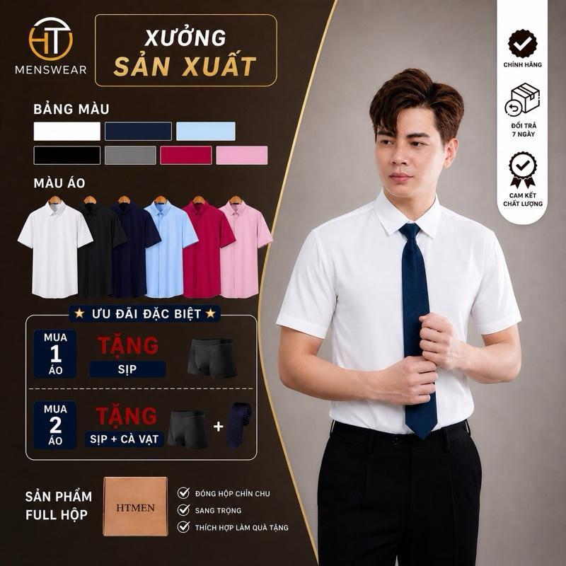 Áo sơ mi lụa ngắn tay nam full hộp HTmen Menswear Shirt - Tặng Sịp Đùi Nam Kem