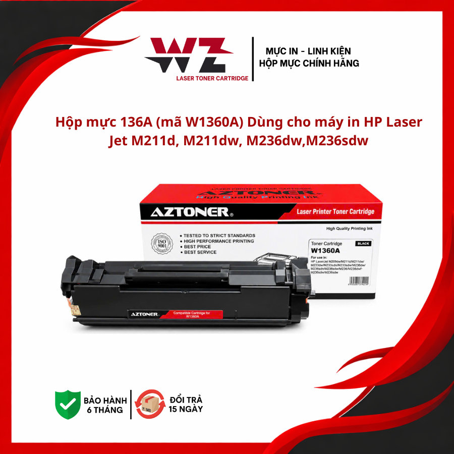 Hộp mực 136A (mã W1360A) CÓ CHÍP Dùng cho máy in HP LaserJet M211d, M211dw, M236dw,M236sdw.