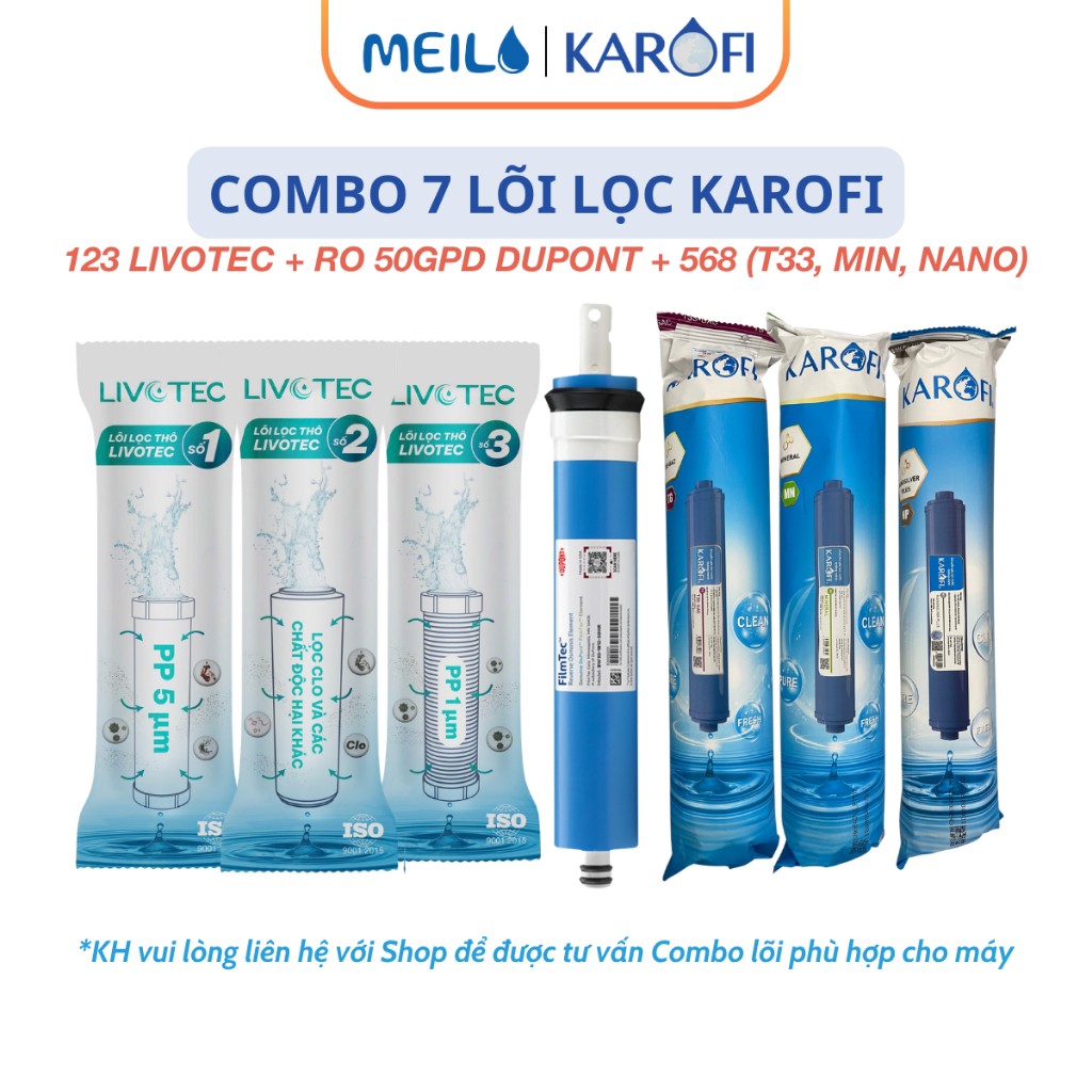 Combo 7 Lõi Lọc Nước Karofi Gồm Bộ Thô 123, RO50GDP, T33 Min Nano Dùng Cho Máy Lọc Nước RO Máy Có Mo