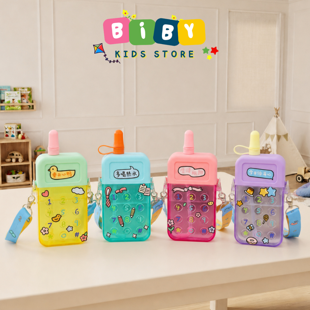 BÌNH NƯỚC ĐIỆN THOẠI BIBY 300ML Có Ống Hút tiện lợi, Bình nước cho bé nhựa cao cấp