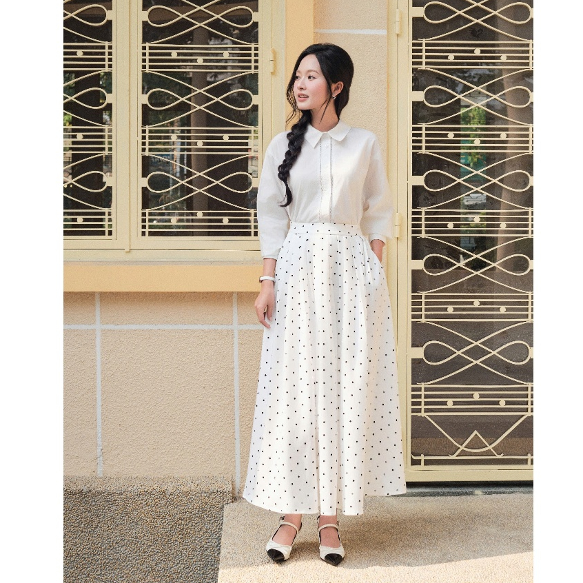 (EVTK) Chân váy lụa xòe chấm bi, chất liệu lụa mềm mướt, form basic tôn dáng dễ mix đồ thời trang nữ