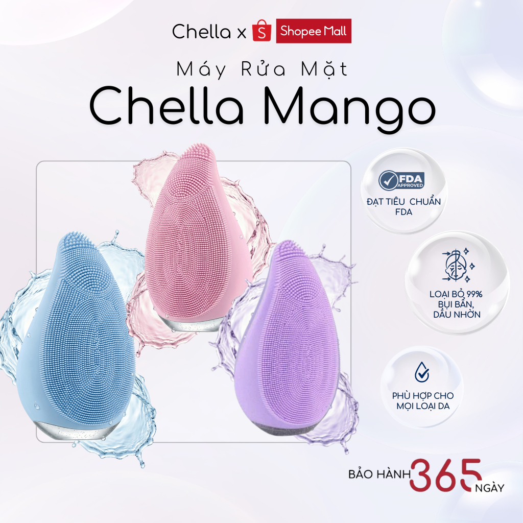 Máy rửa mặt Chella Mangoo - Đạt chuẩn FDA - Loại bỏ bụi bẩn, hỗ trợ sạch sâu - Bảo hành 1 Năm| Quà T