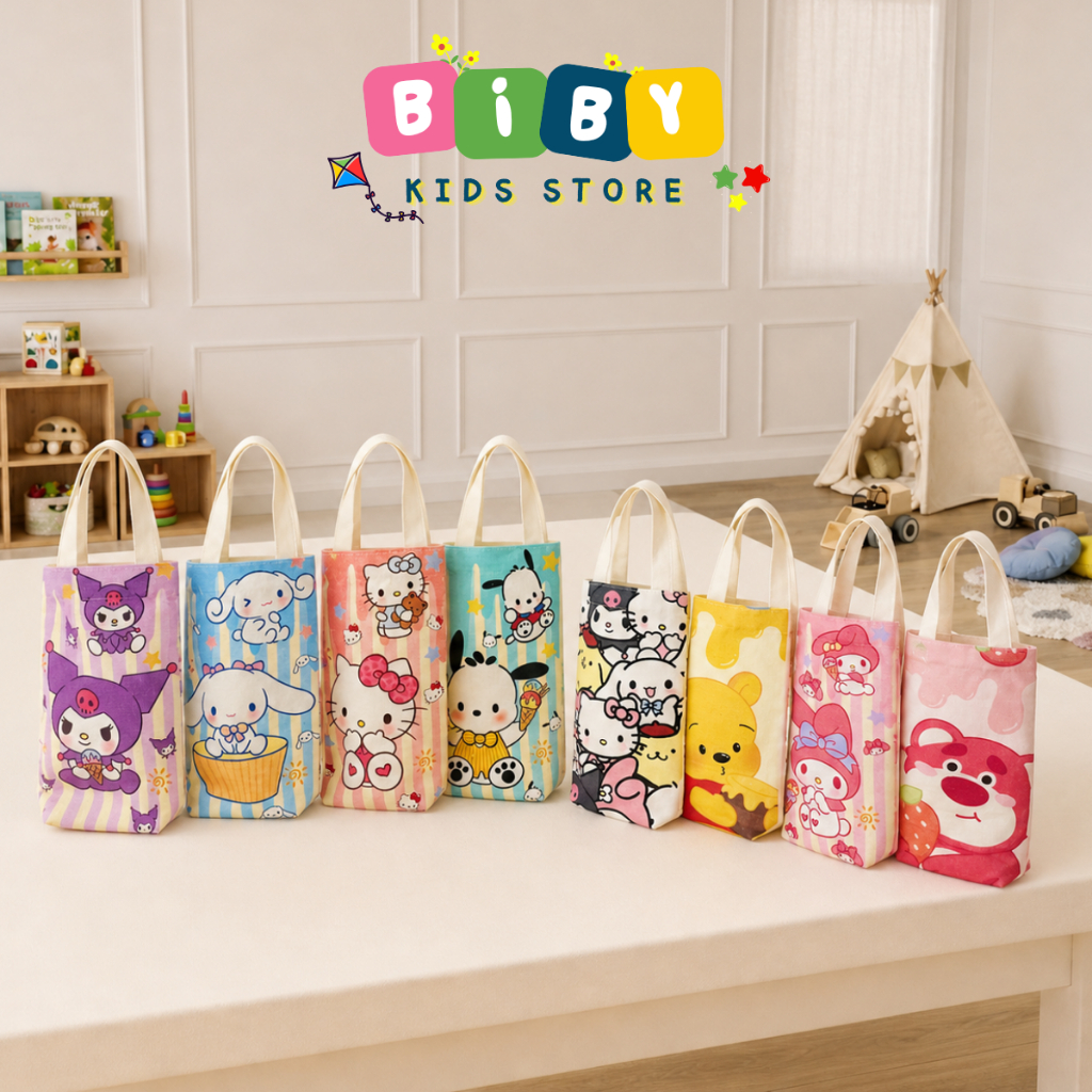 TÚI ĐỰNG BÌNH BIBY Hoạt Hình Dễ Thương, Túi Vải Canvas Đựng Bình Nước tiện lợi