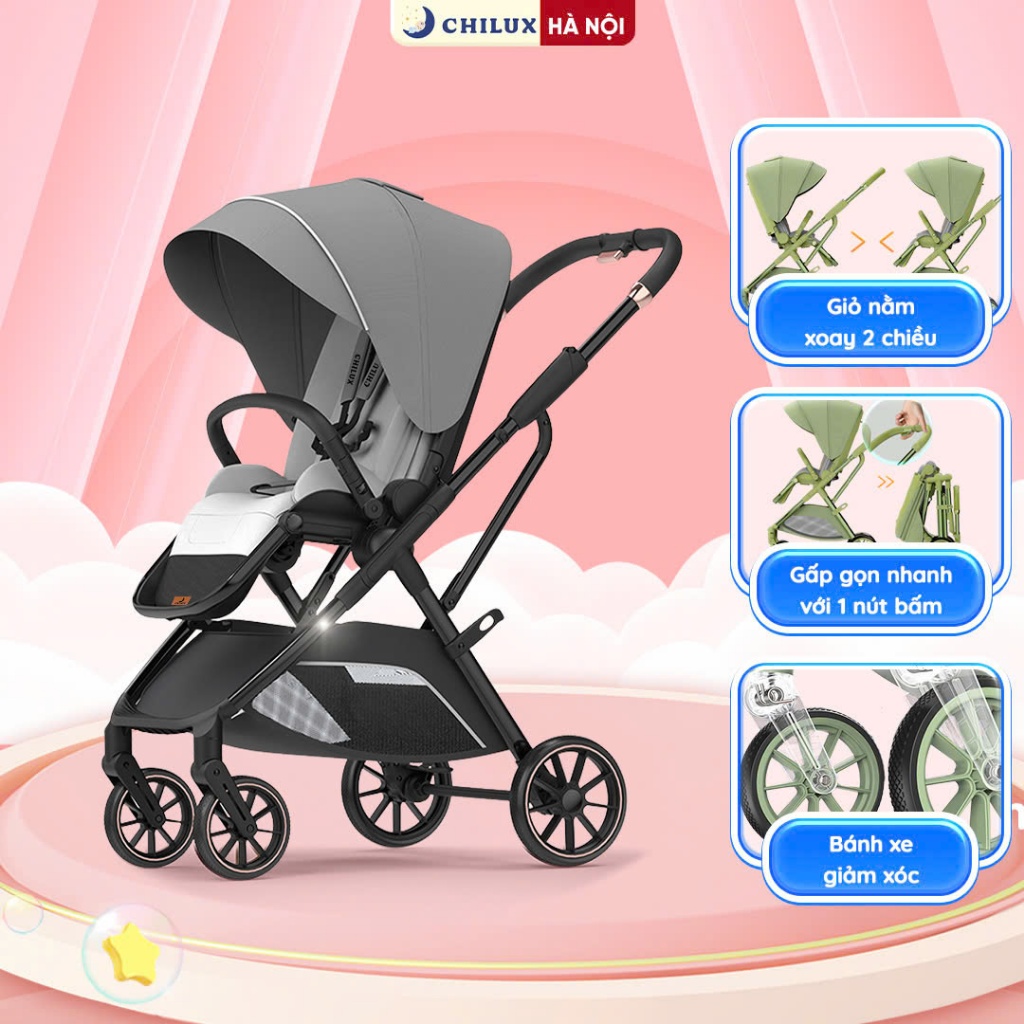 Xe đẩy gấp gọn cao cấp Chilux M07 - Bánh xe giảm xóc, thiết kế đai an toàn 5 điểm
