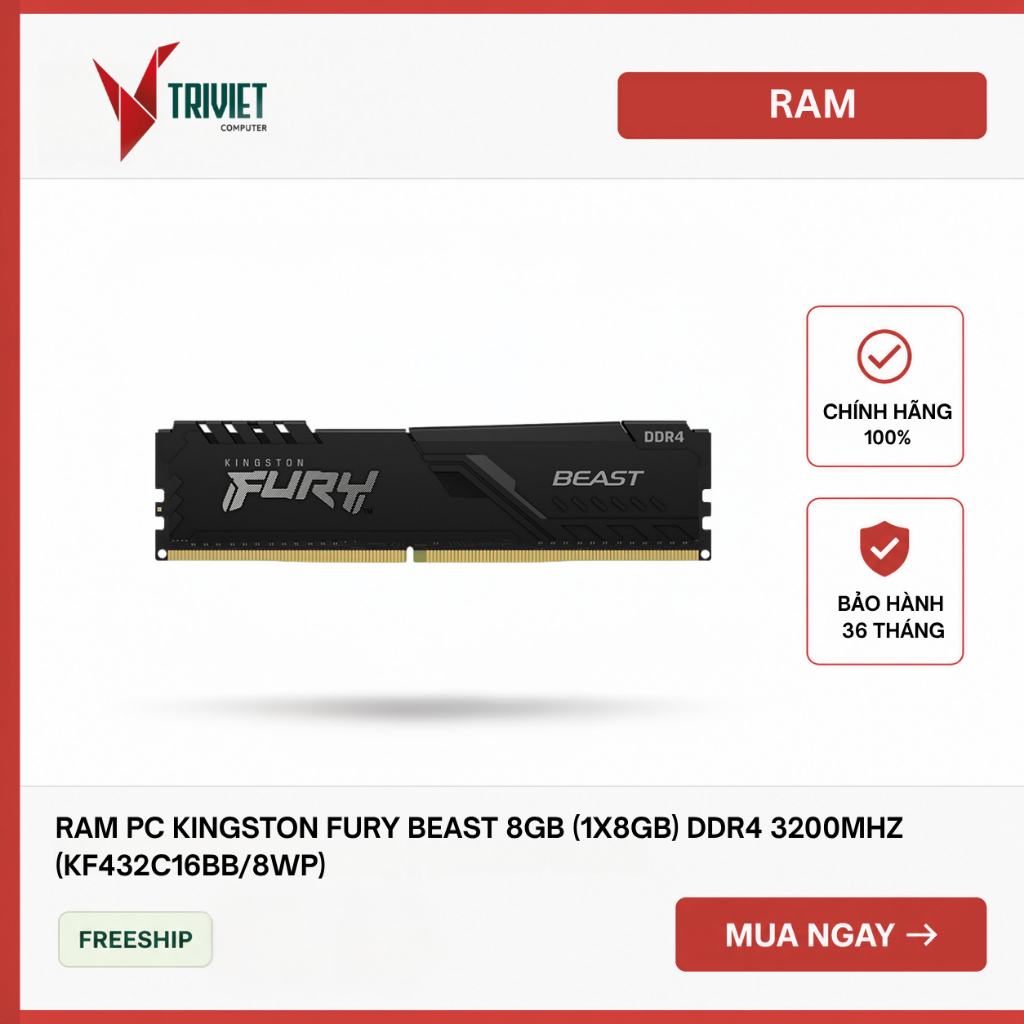 RAM PC Kingston FURY Beast 8GB (1x8GB) DDR4 3200Mhz (KF432C16BB/8WP)