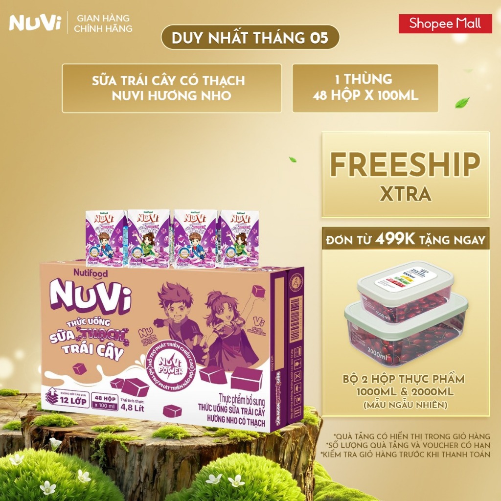 Thùng 48 Hộp Thức Uống Sữa Trái Cây Có Thạch NuVi Hương Nho 100ml