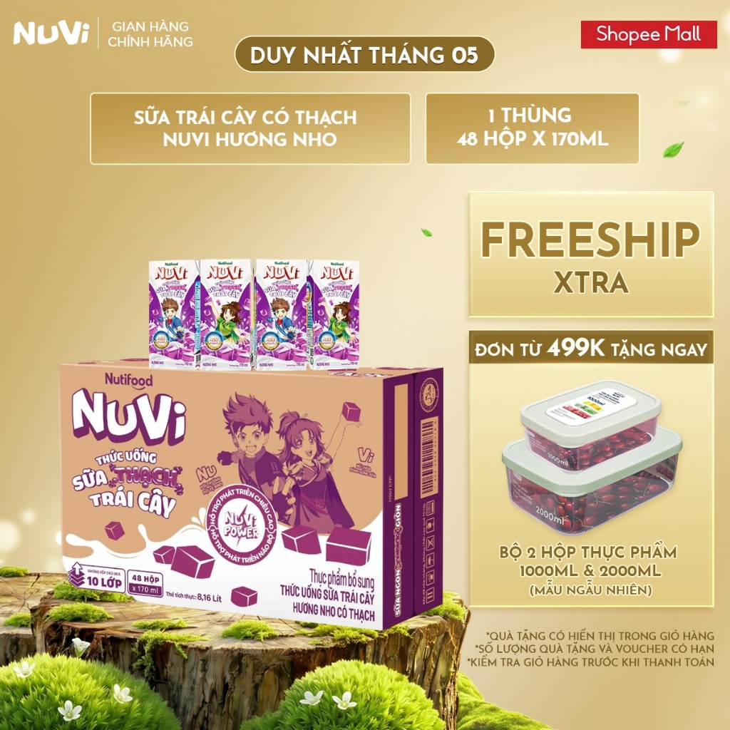 Thùng 48 Hộp Thức Uống Sữa Trái Cây Có Thạch NuVi Hương Nho 170ml