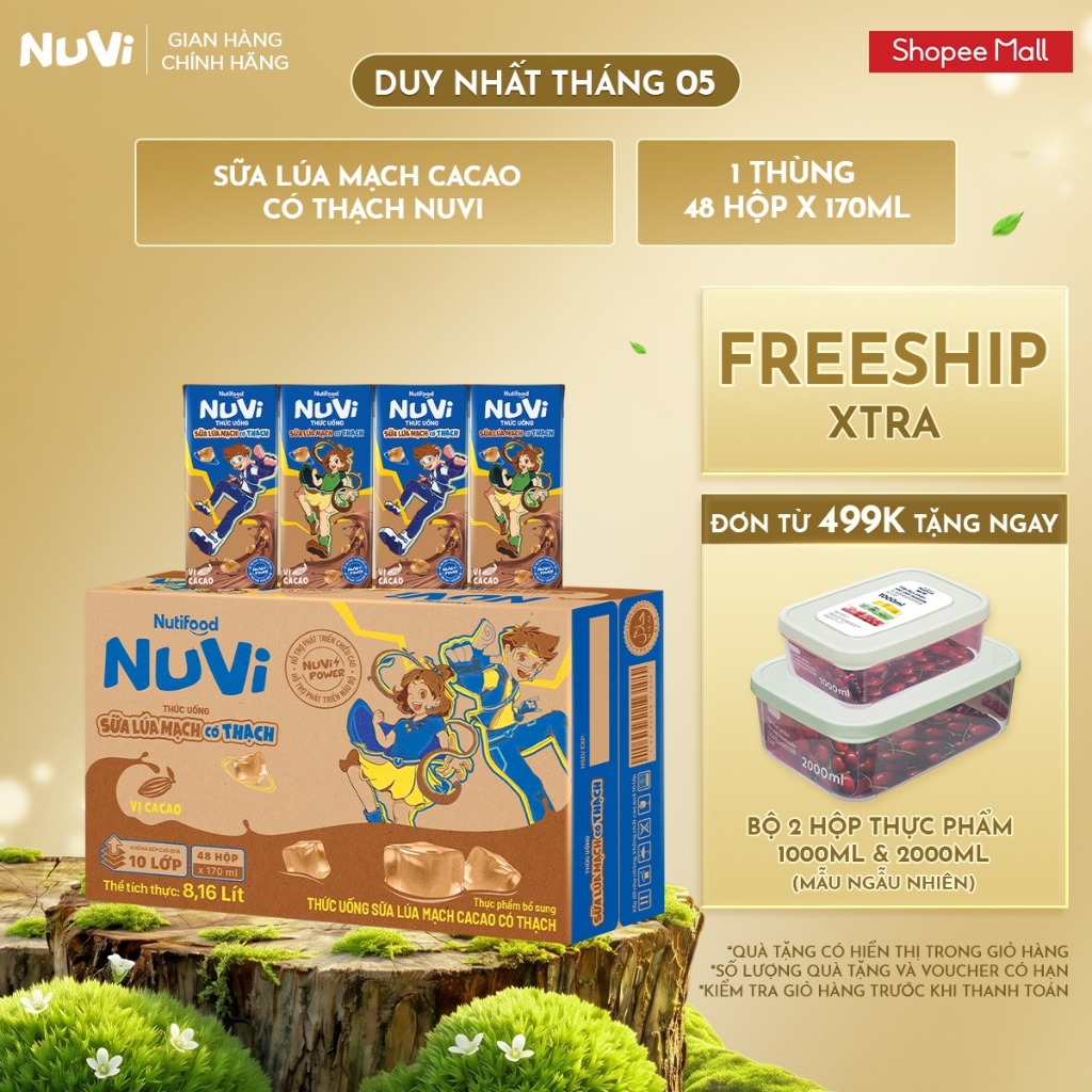 Thùng 48 Hộp Thức Uống Sữa Lúa Mạch Cacao Có Thạch NuVi 170ml