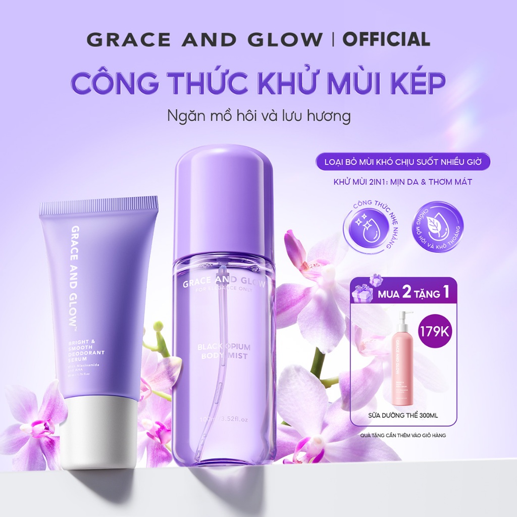 [MUA 2 TẶNG 1] Công thức khử mùi kép Body Mist và lăn khử mùi Grace And Glow Black Opium lưu hương l
