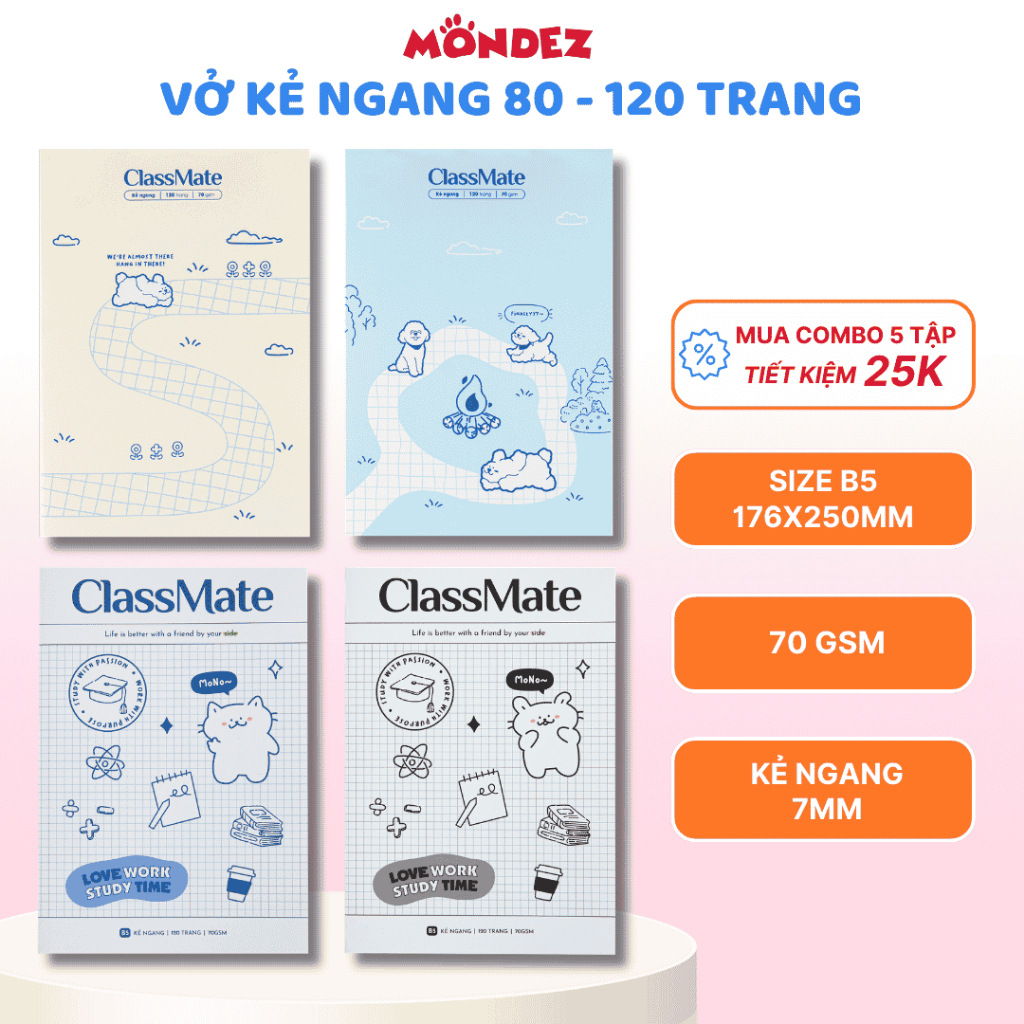 Vở Kẻ Ngang Classmate 80 - 120 Trang 70GSM, Vở Mono Lets Gau Giấy Mịn Viết Bút Bi Êm