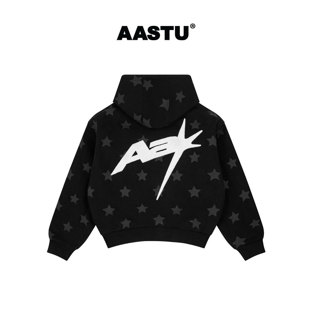 Aa stu - Áo Hoodie Zip Aastu Superstar Denim Form Boxy Vải Cotton 100% Local Brand Unisex / ĐEN