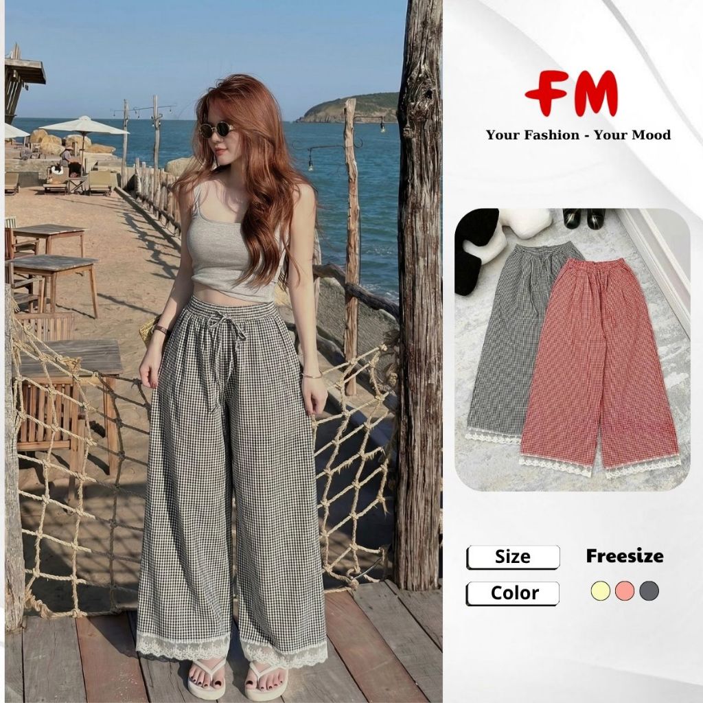 Quần Kẻ Caro Ống Suông Nữ FMSTYLE Lưng Thun Lai Ren Form Suông Rộng Mặc Mát Dễ Phối 26041264