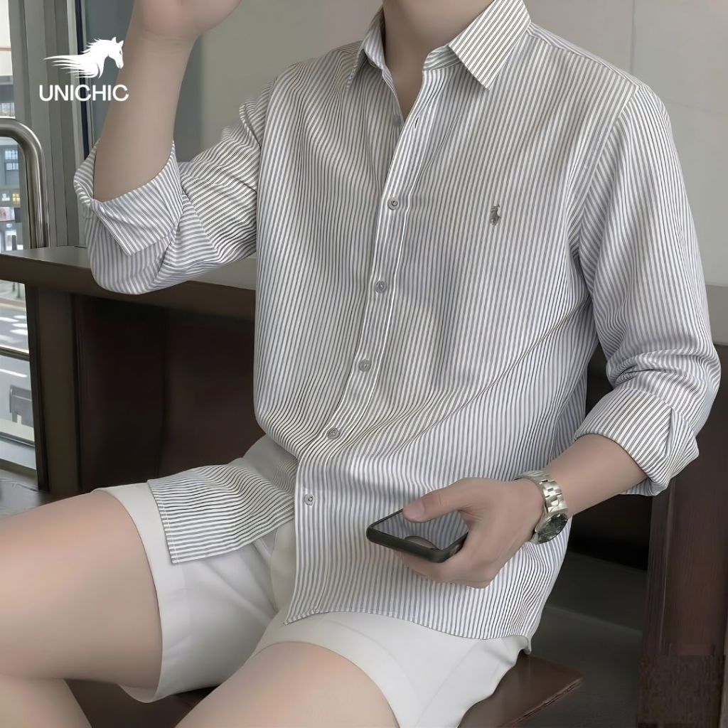 Áo Sơ Mi Tay Dài Sọc Vải Premium Oxford Shirt Logo Ngựa Thêu Unichic SMMDTC666
