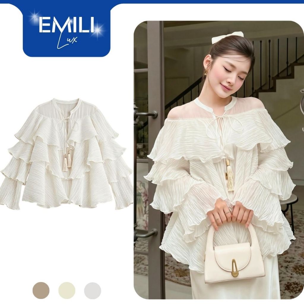Áo kiểu tơ nhún layer form rộng Emili Lux bèo tầng, phong cách Hàn Quốc trẻ trung sang chảnh [A92]