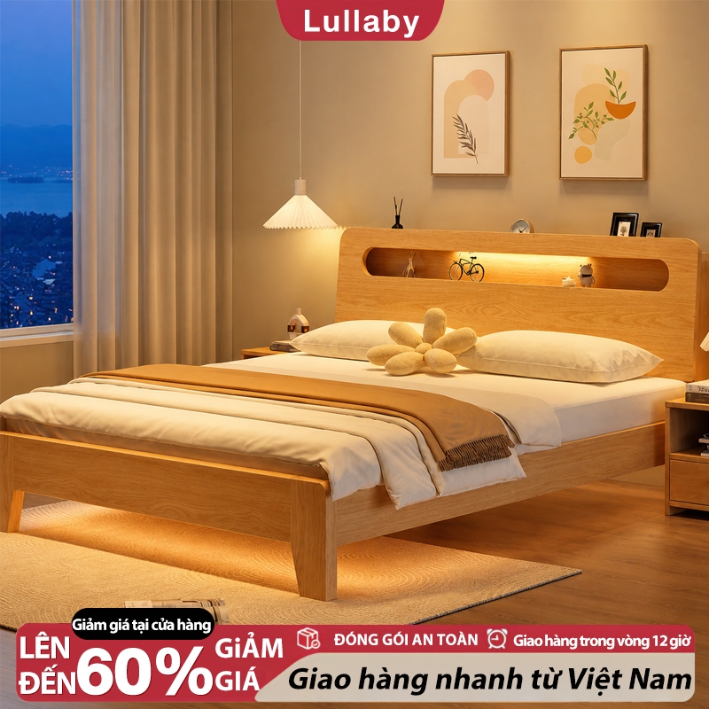 Lullaby giường gỗ Tự Nhiên 100 Khung lưu trữ Đầu giường trọng tối đa 600kg Có các kích120/150/180cm | BigBuy360 - bigbuy360.vn