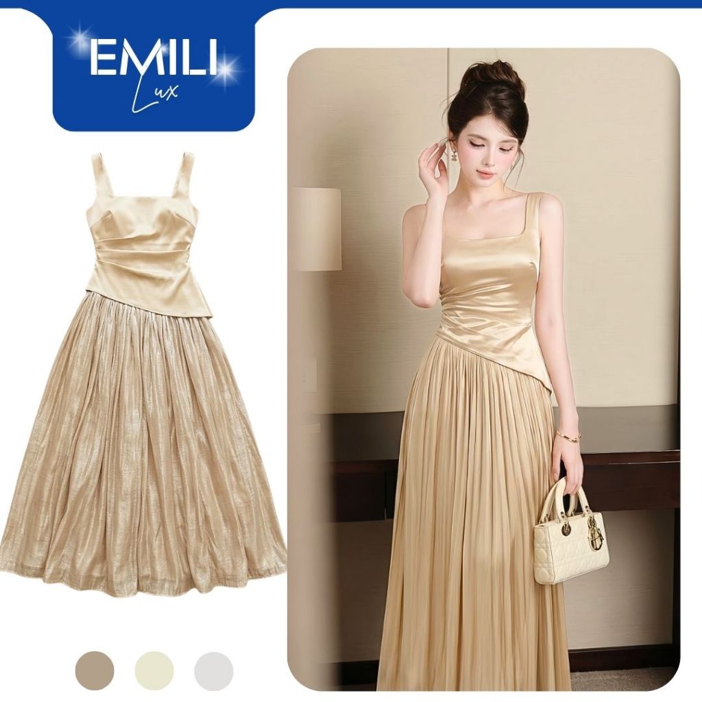 Váy maxi satin dáng dài ôm eo xếp ly Emili Lux nữ tính thanh lịch phong cách Hàn sang chảnh V570