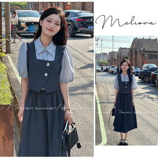 Đầm midi giả yếm cổ sơ mi màu xanh nhạt năng động trẻ trung phong cách Hàn Quốc