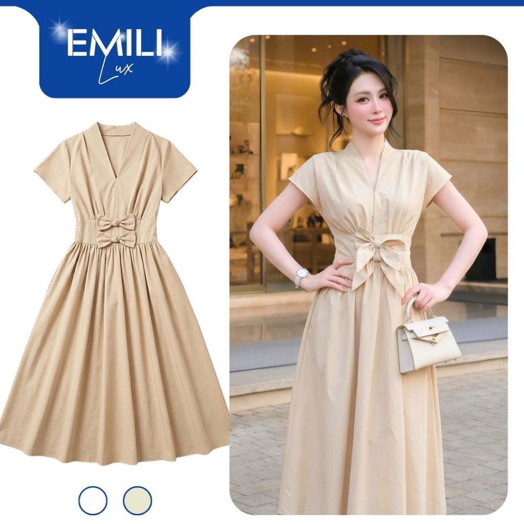 Váy midi công sở tay ngắn dáng xòe thắt eo nơ Emili Lux phong cách Hàn Quốc thanh lịch cho nữ V573