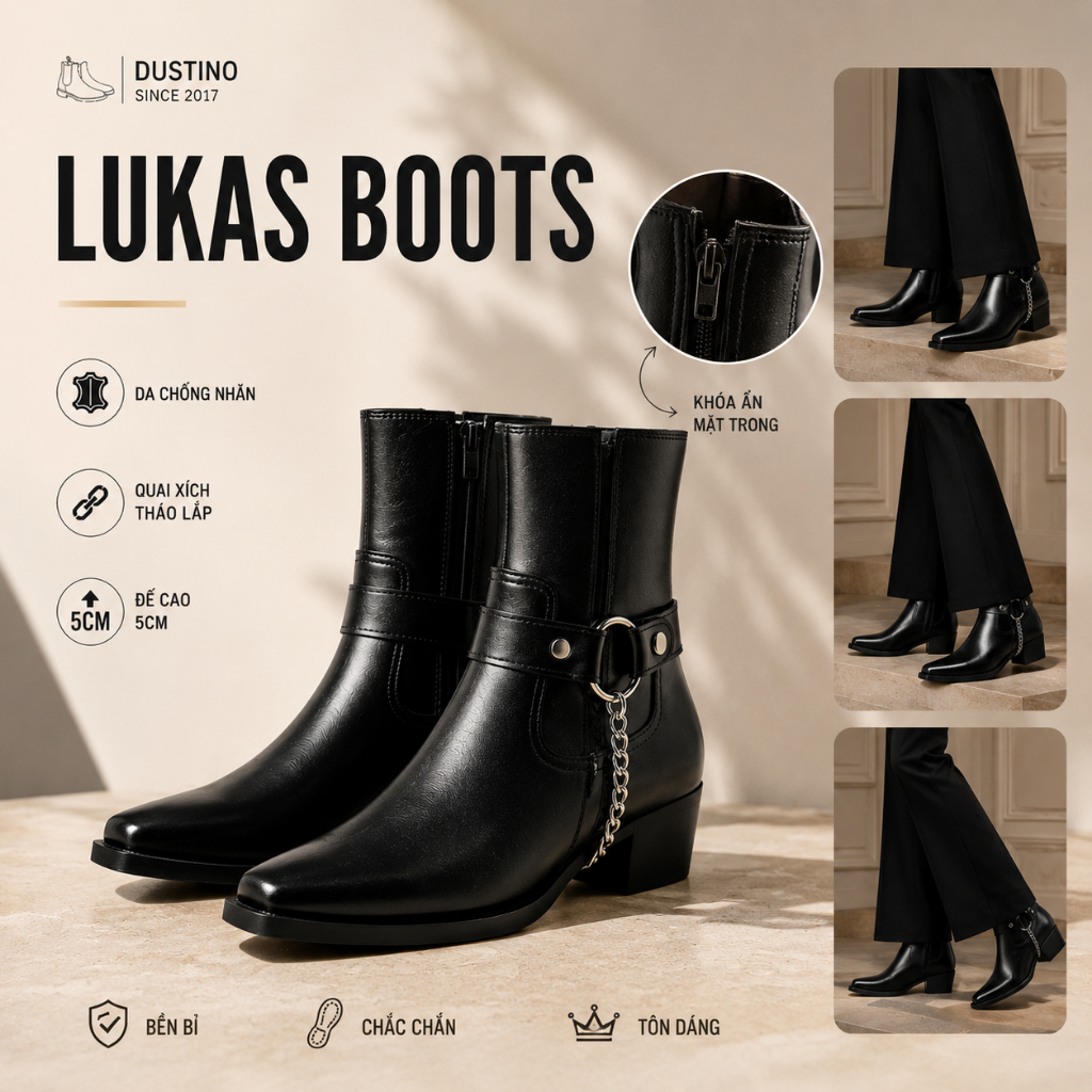[Giày Không Nhăn] 5cm Heels Lukas Boots Nam, Santiago Boot da Nappan bóng