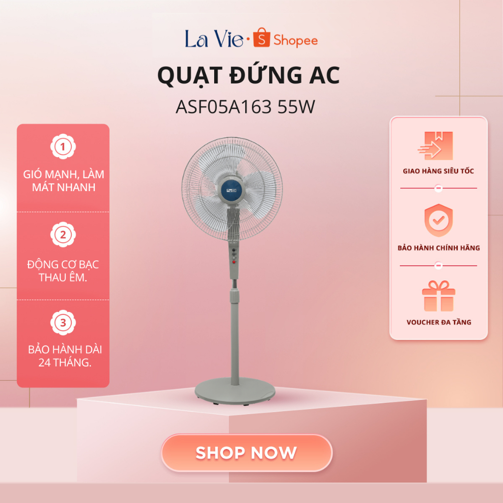 Quạt Đứng AC ASF05A163 - Công Suất 55W - Động Cơ Bạc Thau - Gió Mạnh 3 Cấp Độ | Bảo hành 24 tháng