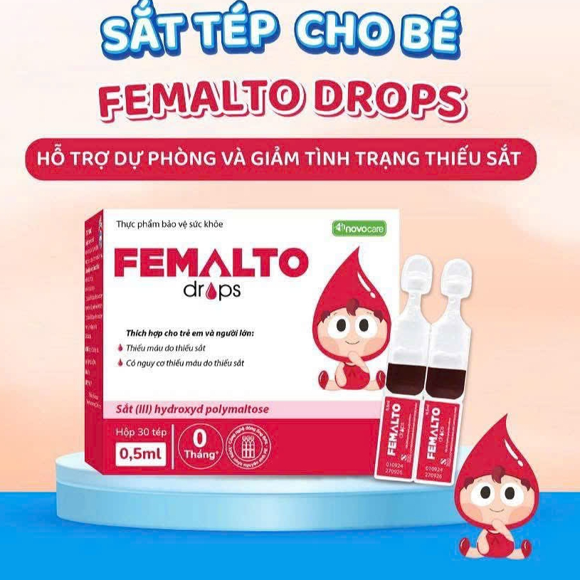 Sắt Drop Femalto cho bé dị ứng đạm sữa bò, dạng tép (có bán lẻ dùng thử) hộp 30 tép x 0.5ml , 0m+