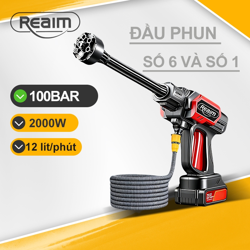 REAIM Máy rửa xe áp lực cao không dây động cơ đồng nguyên chất, đầu phun 6 trong 1
