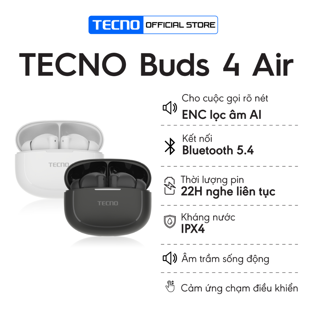 Tai Nghe Bluetooth 5.4 TECNO BUDS 4 AIR Chống Ồn AI-ENC Kháng Nước IPX4 Nhỏ Gọn