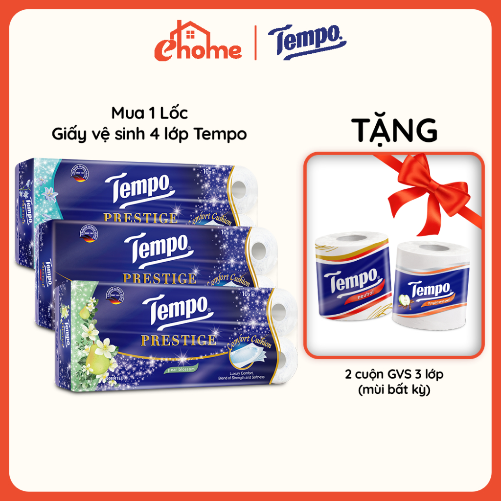 [LỐC GVS 4 LỚP TẶNG 2 CUỘN GVS] Giấy Vệ Sinh Tempo Prestige 4 Lớp, An Toàn Cho Da Thương Hiệu Đức