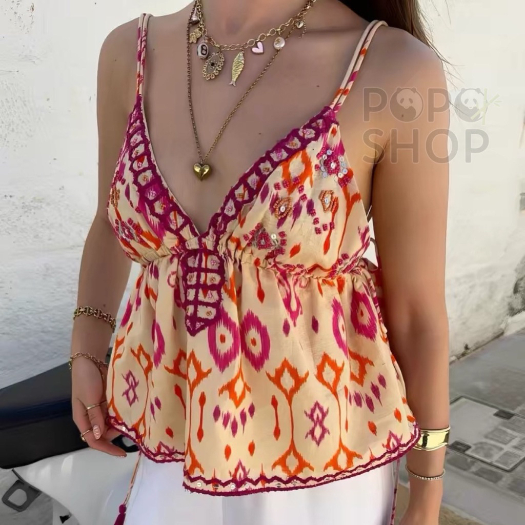 Áo 2 dây nữ boho họa tiết thổ cẩm – croptop babydoll xòe nhẹ màu sắc boho sặc sỡ nổi bật