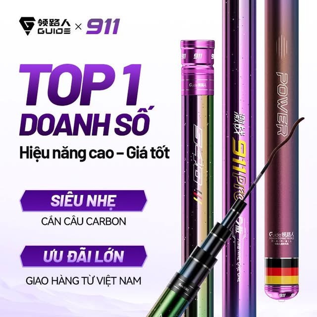 Cần Câu Đài Guide 911 PRO Full Titan 5H - Tặng Kèm Ngọn Phụ, Chất Liệu Carbon, Kích thước 3m6 - 5m4