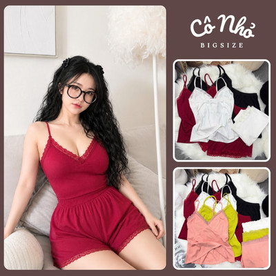 Đồ Bộ Bigsize Nữ Áo Hai Dây Phối Quần Đùi Viền Ren Lưng Thun Cho Chubby Sexy G124