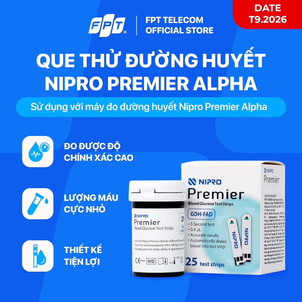 Que thử đường huyết Nipro Premier Alpha Hộp 25 que - Dành cho máy đo đường huyết Nipro Premier Alpha