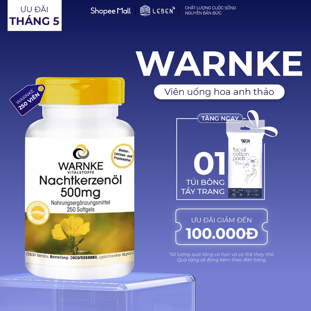 Hộp 250 Viên Tinh Dầu Hoa Anh Thảo Warnke Nachtkerzenöl 500mg Hỗ Trợ Cân Bằng Nội Tiết Tố Nữ | Leben