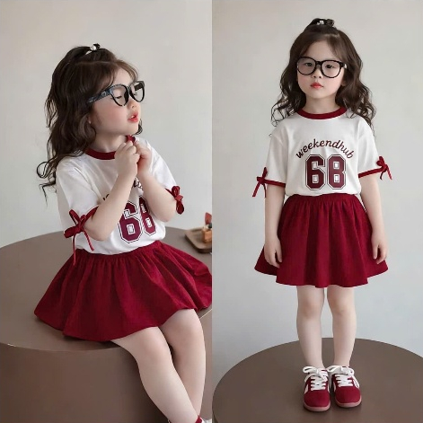 Bộ Áo Váy Bé Gái Weekend Club 68 - Set Đồ Trẻ Em Hàn Quốc Trendy Phối Nơ Siêu Dễ Thương 2 Màu Đen/Đỏ