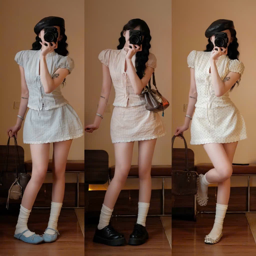 Celie Set – (Lẻ Áo) Áo Hoa Nhí Tay Bồng Rút Nơ Phong Cách Tiểu Thư Vintage