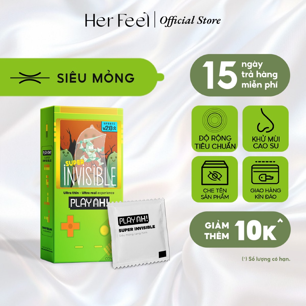 Bao Cao Su PlayAh Super Invisible Siêu Mỏng/ Nhiều Gel/ Kéo Dài Thời Gian/ Có Gai Hộp 10 size 52mm