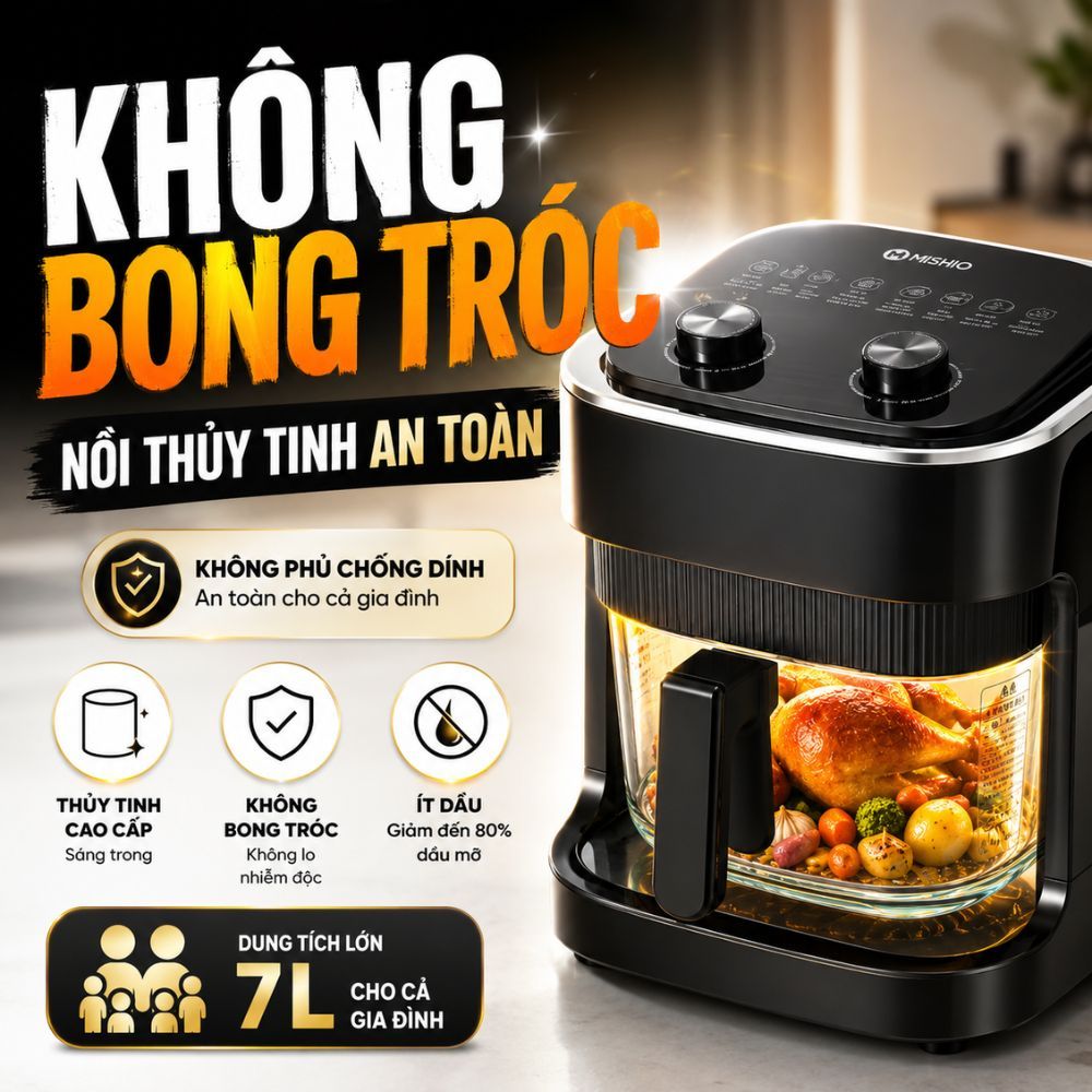 Nồi Chiên Không Dầu Lòng Thuỷ Tinh Mishio MK373 Dung Tích 7L, Lòng Thuỷ Tinh Không Lo Rỉ Sét - Bảo H