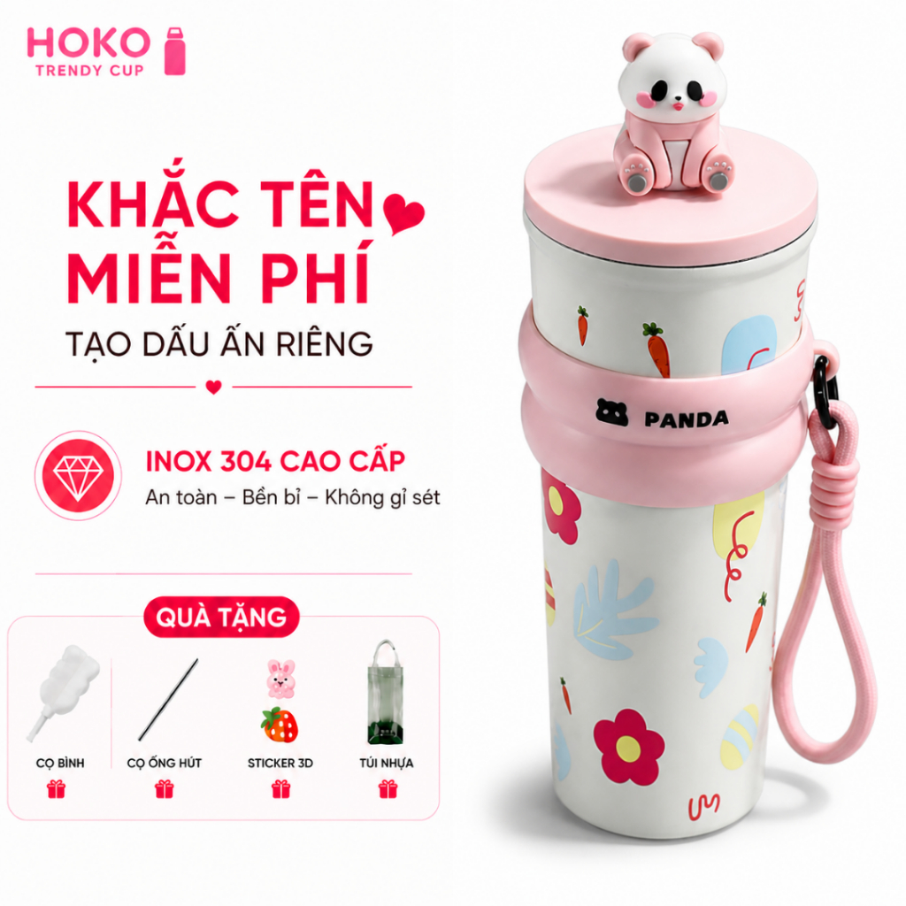 Ly giữ nhiệt Panda ống hút thủy tinh 700ml inox 304 giữ nhiệt nóng lạnh 8 -12h khắc tên miễn phí
