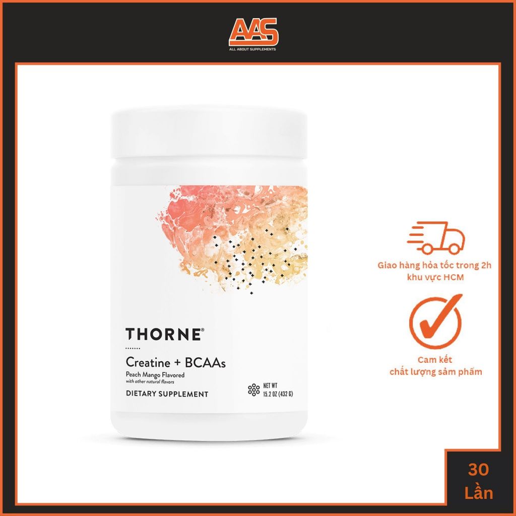 Bột hỗ trợ tăng sức mạnh THORNE CREATINE + BCAA - 30 lần dùng vị PEACH MANGO hỗ trợ phục hồi, tổng h