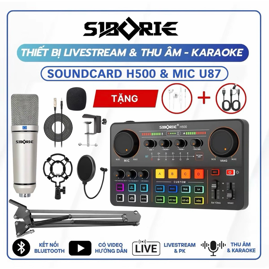[SIBORIE] - [BẢNG TIẾNG VIỆT] Combo Thu Âm Studio Chuyên Nghiệp SoundCard H500 + Mic U87