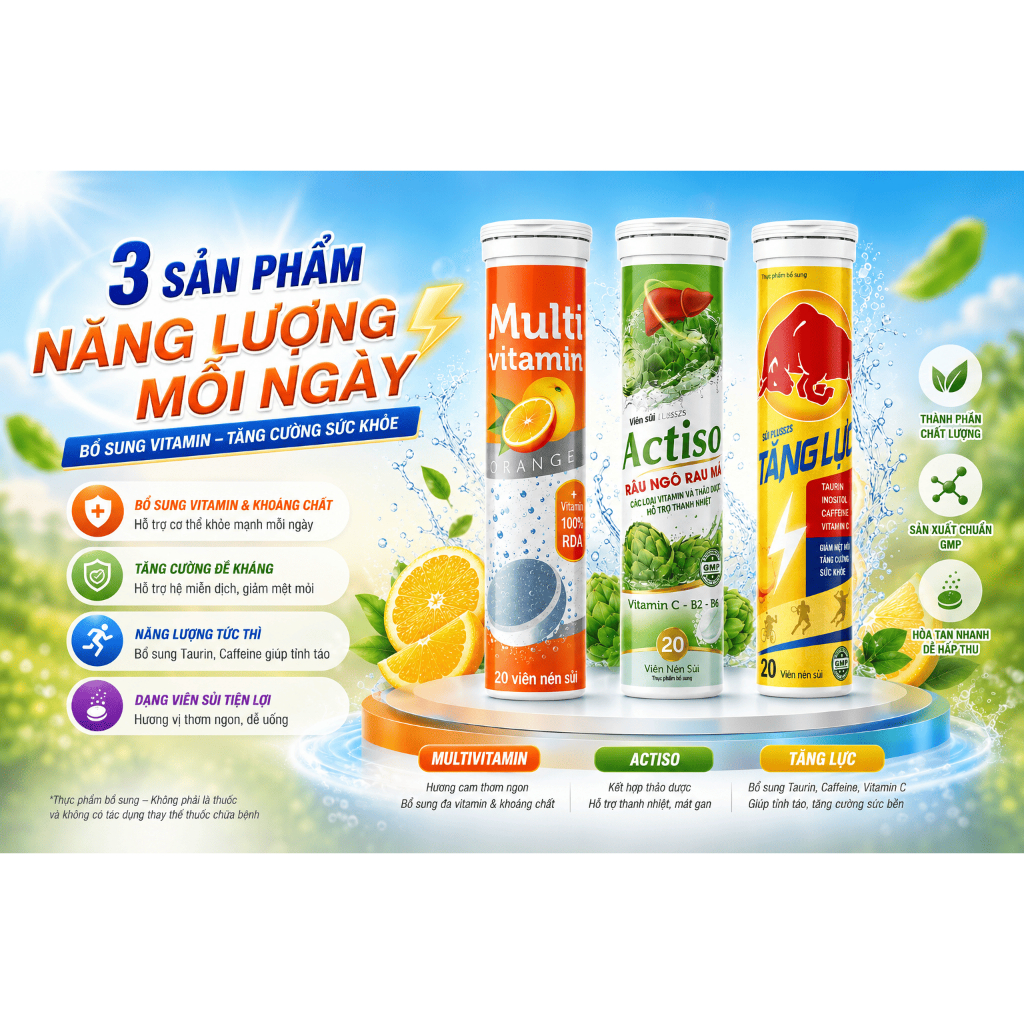Viên sủi MULTIVITAMIN C sủi  cam chanh dây cherry dâu dứa sâm actiso tăng lực  atiso Tuýp 20viên