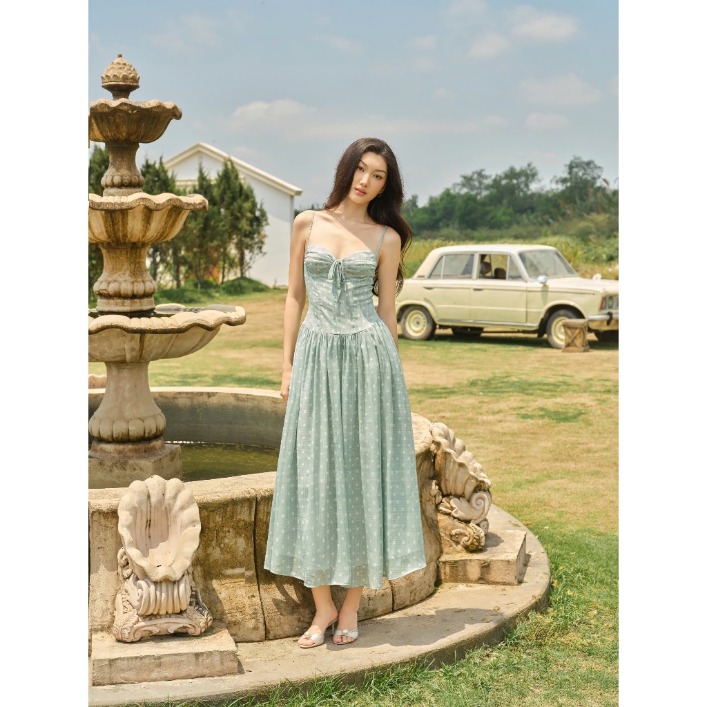 𝗖𝗹𝗼𝘁𝗵𝗲𝘀 𝗕𝗮𝗿 - Camelia Dress (Minor Muse) | Đầm Midi Tơ Dáng Xòe Chấm Bi Cúp Ngực Thắt Nơ